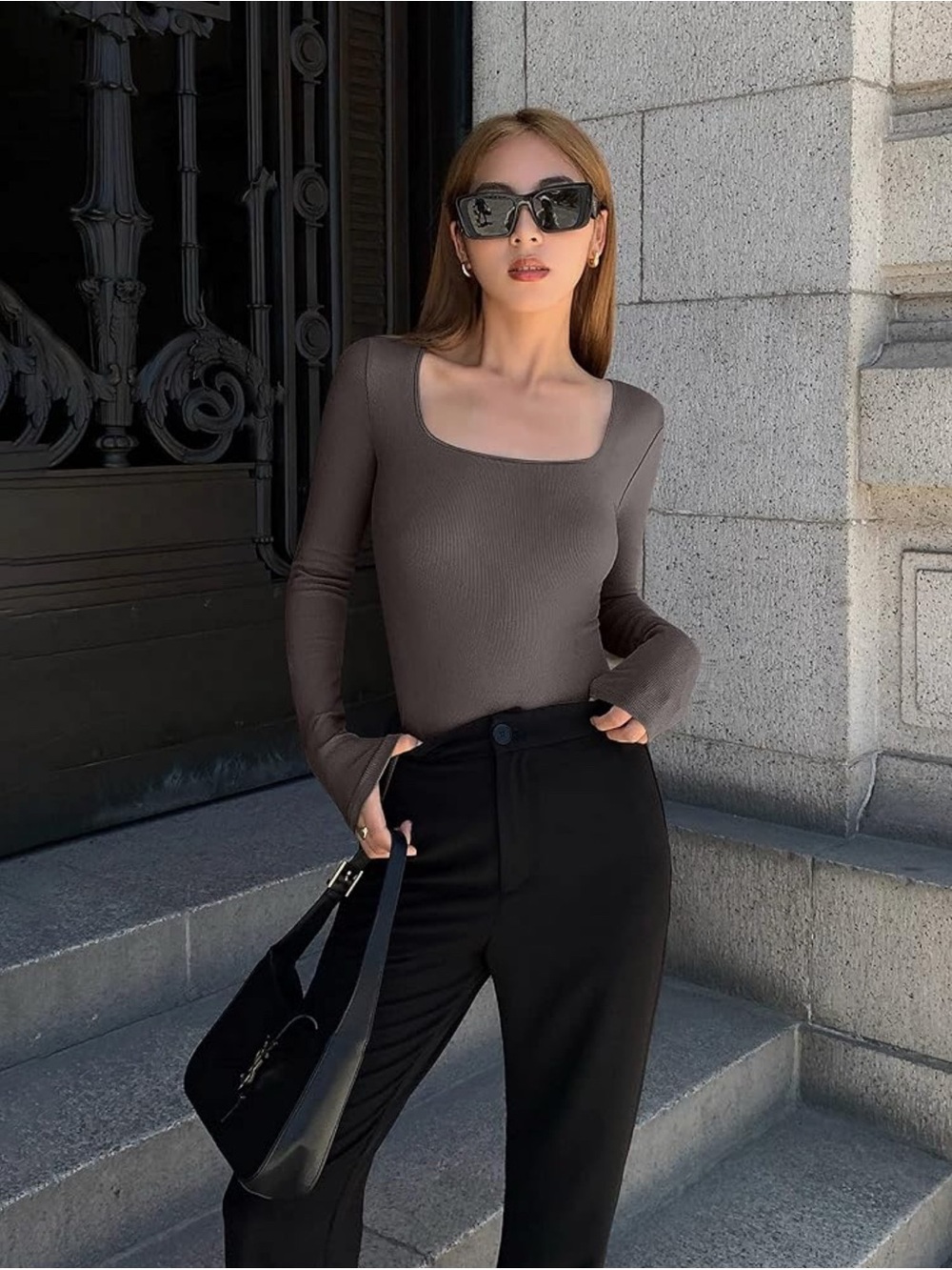Square Neck Long Sleeve Bodysuit in Taupe